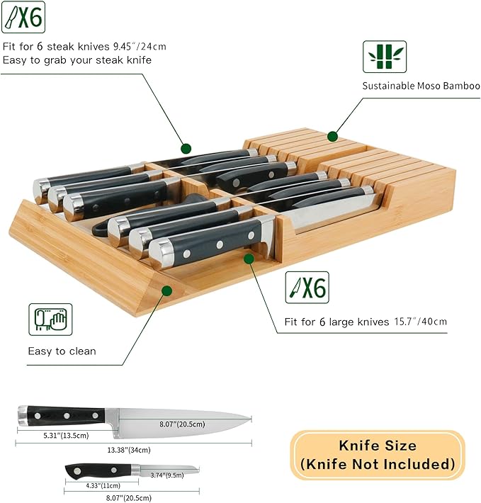 Utoplike in-Drawer Knife Block Bamboo Kitchen Knife Drawer Organizer, Handle Steak Knife Holder Without Knife, Fit for 12 Knives and 1 Sharpening Steel (Knives Not Included)