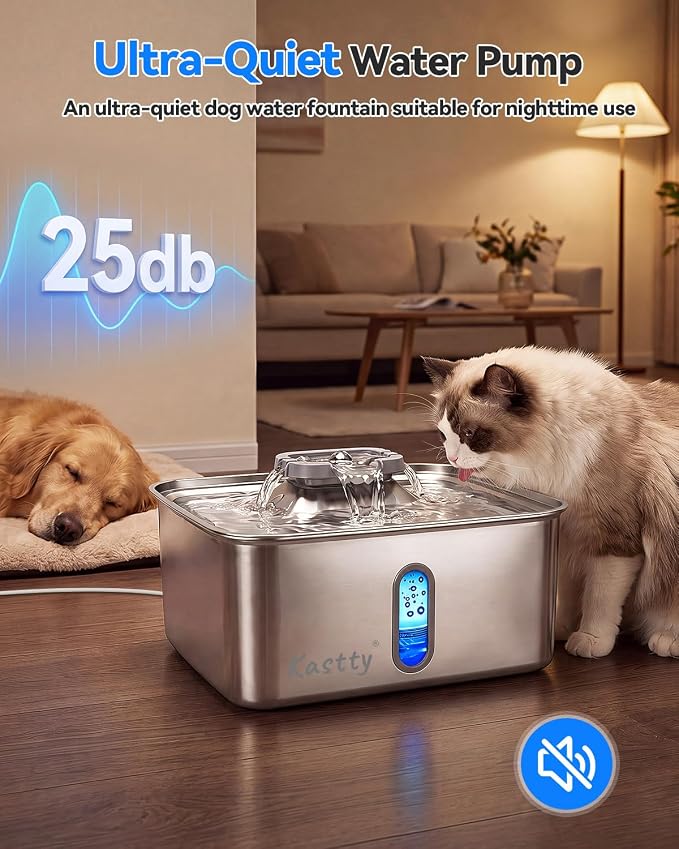Kastty 4Gal/15L Stainless Steel Dog Water Fountain for Large Multi-Pet | Large Capacity Pet Water Fountain with Water Level LED Light, Ultra Quiet Dog Water Bowl Dispenser, Easy to Clean (FS78,Grey)