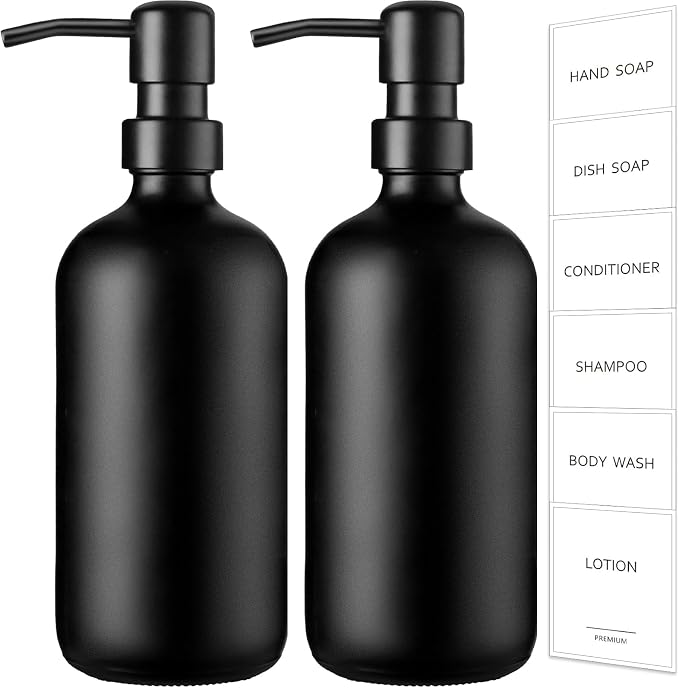 GMISUN Black Soap Dispenser, 2 Pack Matte Black Hand Soap Dispensers for Bathroom, 17 Fl Oz Glass Dish Soap Dispensers for Kitchen with Stainless Steel Pump, Modern Liquid Soap Bottle