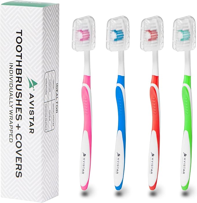 4 Pack Toothbrushes for Adults - Individually Wrapped Medium Bristle Toothbrushes with Covers - Multi-Color Pack - Convenient & Affordable Dental Care for Travel, Hotels, Airbnb, Missions & More