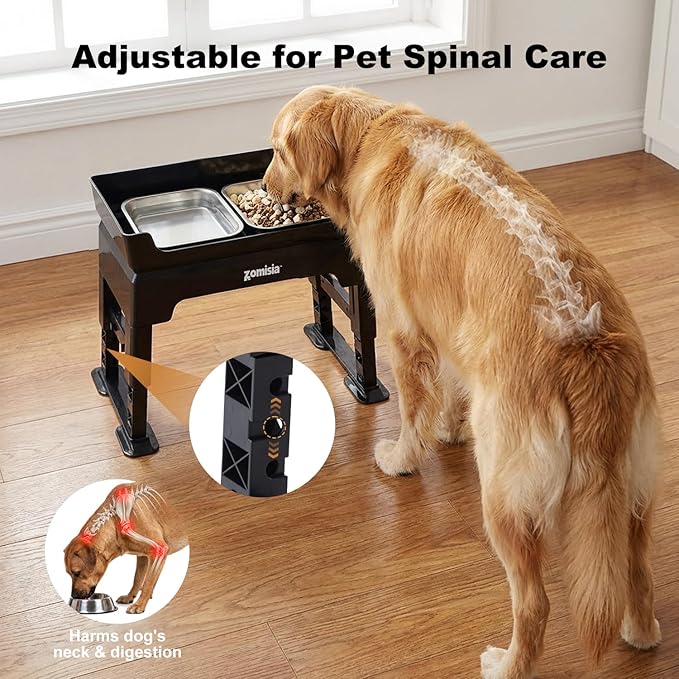 ZOMISIA Elevated Dog Bowls, 6 Height Adjustable Raised Dog Bowl Mess Proof | 3-in-1 Dog Bowl Stand, Double Deck Design, 2 Stainless Steel Bowls, Licking Plate, Feeding Station for Small Medium Large Pet