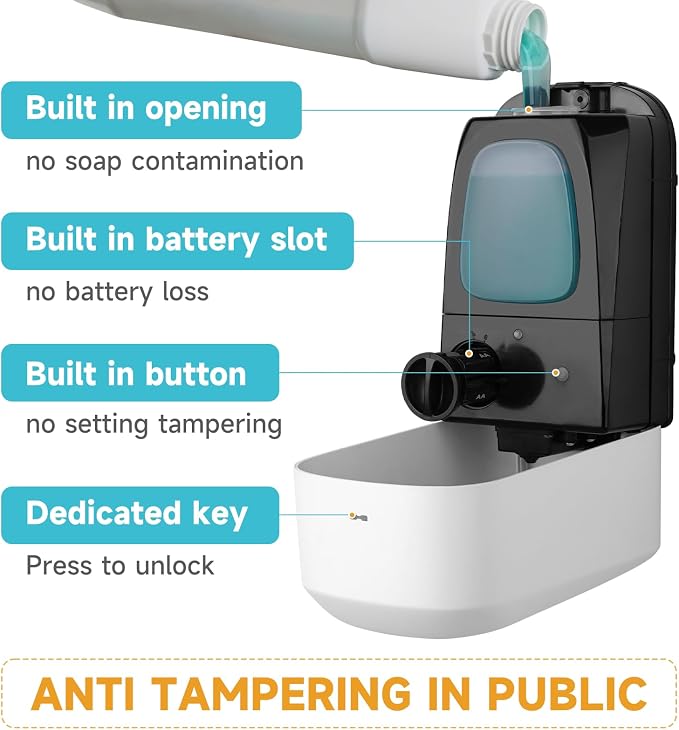 AIKE Liquid Automatic Soap Dispenser,33.8oz Capacity for Bathroom,White | 5-Level Adjustable and Savety Key for Commercial(4*AA Batteries Not Included),Screw Wall Mount for Space-Saving,AK1226S