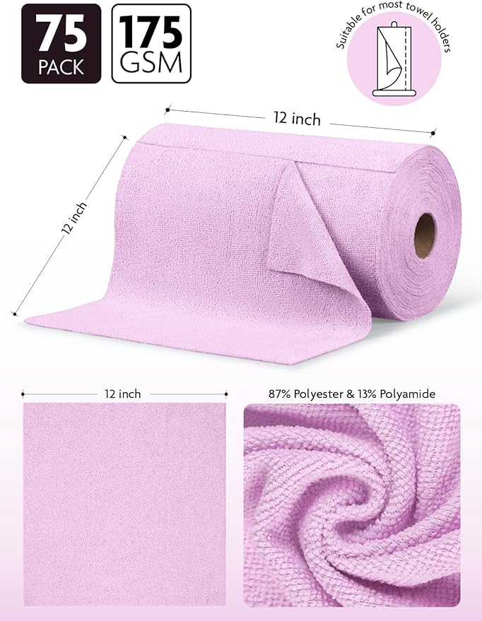 Fantasticlean Microfiber Cleaning Cloth Roll -75 Pack, Tear Away Microfiber Towels, 12" x 12", Reusable, Washable, Scratch Free, Ultra Absorbent Dishcloth for All-Around Cleaning Supplies (Purple)