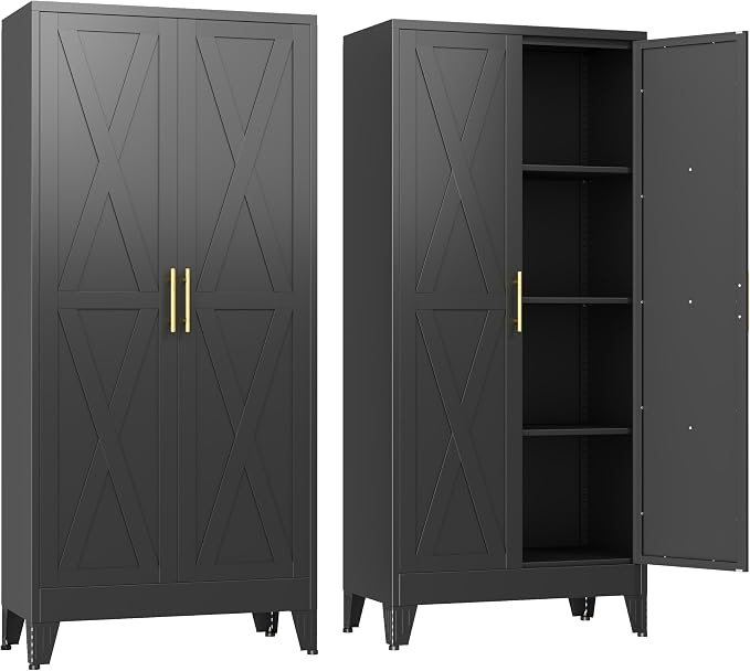 GAIOUS 61" Tall Kitchen Pantry Cabinet,Metal Storage Cabinet Black Cupboard | Steel Office Cabinet, Freestanding Bookcase with 2 Doors and 3 Adjustable Shelves, Bathroom Kitchen Bedroom Garage Cabinet