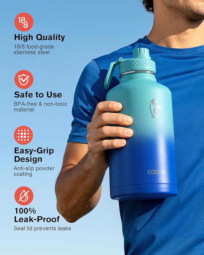 Insulated Water Bottle 64 oz with Straw & 3 Lids, Coolflask Half Gallon Water Jug Large Metal Stainless Steel Wide Mouth for Sports, Gym or Office, Non-BPA Keep Cold 48H Hot 24H, Pacific Prince