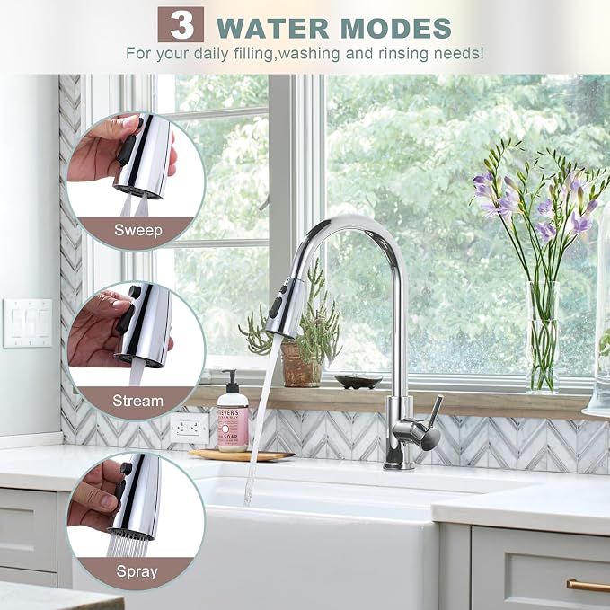 Chrome Kitchen Faucet with Sprayer, WOWOW Pull Down Kitchen Sink Faucet Stainless Steel Utility Sink Faucet with Deck Plate, Kitchen Tap for RV, Laundry, Bar