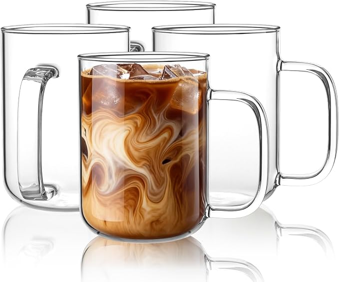 Glass Coffee Mugs, 20 oz Ice Coffee Cups Set of 4, Large Clear Tea Cups, Glass Mugs with Handles for Hot Beverages, Glass Cups for Latte, Cappuccino, and Tea