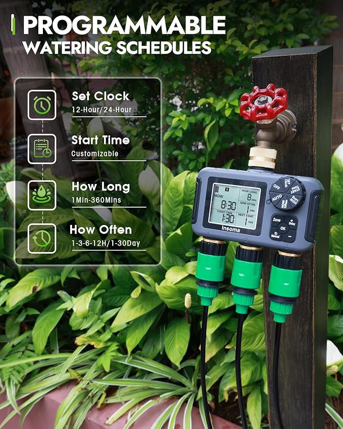 Insoma 3 Outlets Sprinkler Timer, Brass Inlet and Outlet | Automatic Irrigation/Manual Mode Optional | Large LCD + Rain Delay | IPX5 Waterproof, Water Hose Timer for Lawn, Garden, Pool