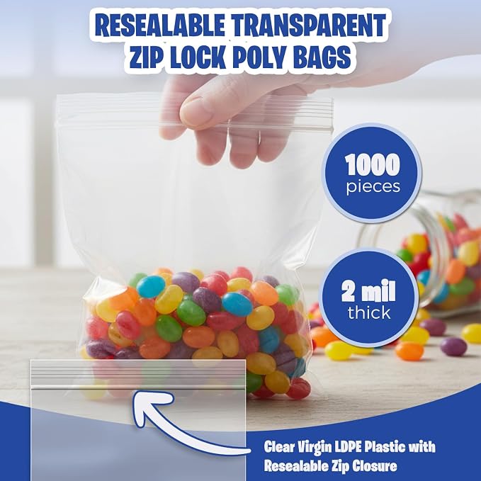 Seal Fresh 4" x 6" (1000 Count) 2 Mil Clear Reclosable Zip Plastic Poly Bags — 4x6 Bag Resealable Zipper Seal Bags for Treats, Crafts, Jewelry, Small Parts, Party Favors