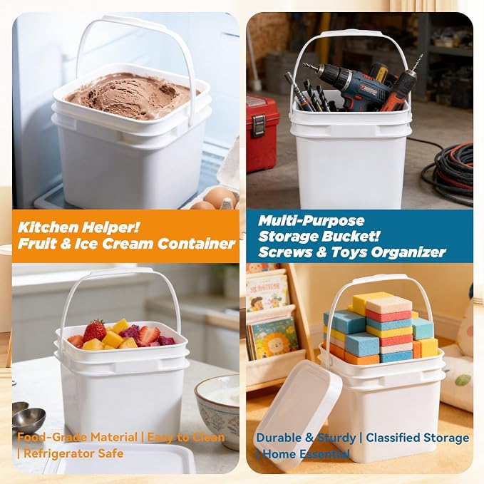 Bucket with Lid - 4 Packs Square Plastic Storage Containers, Food Safe with Handle, Airtight Pressure Lids for Kitchen & Home (White, 0.8 gal)