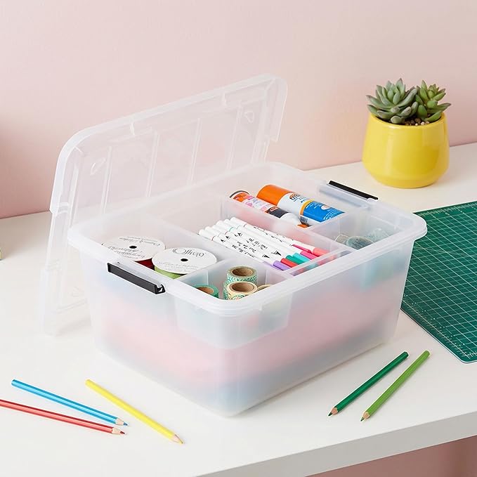 IRIS USA 18 QT Clear Storage Organizer with Removable Dividers, Stackable Plastic Storage Box with Lid, Modular Container for Crafts, Tools, Office & Pantry Organization