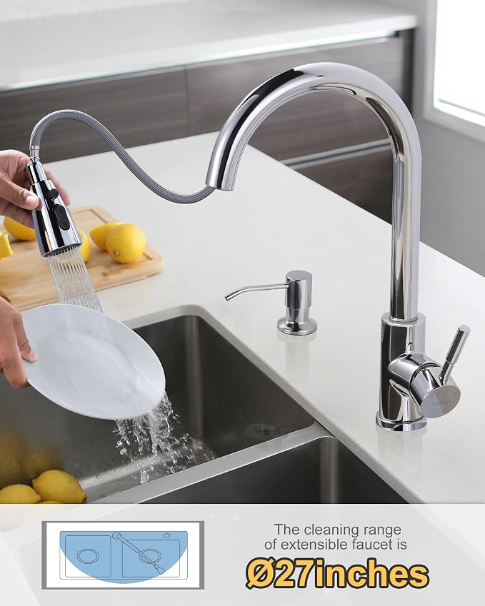 Chrome Kitchen Faucet with Soap Dispenser, WOWOW Stainless Steel Faucet for Kitchen Sink 2 or 4 Hole, High Arc Single Handle Pull Down Kitchen Faucet for Sink, RV, Laundry, Bar