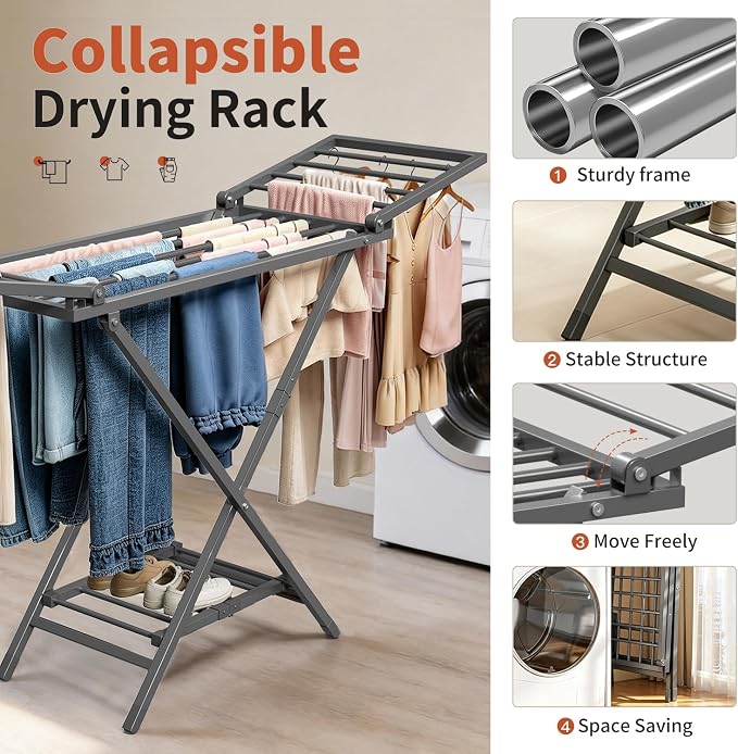 Clothes Drying Rack Heavy Duty, Foldable Laundry Dryer Stand for Clothing & Towel, Free Standing Collapsible for Indoor & Outdoor, 2-Level Clothing Drying Rack, 63" L× 17.7" W, Gray