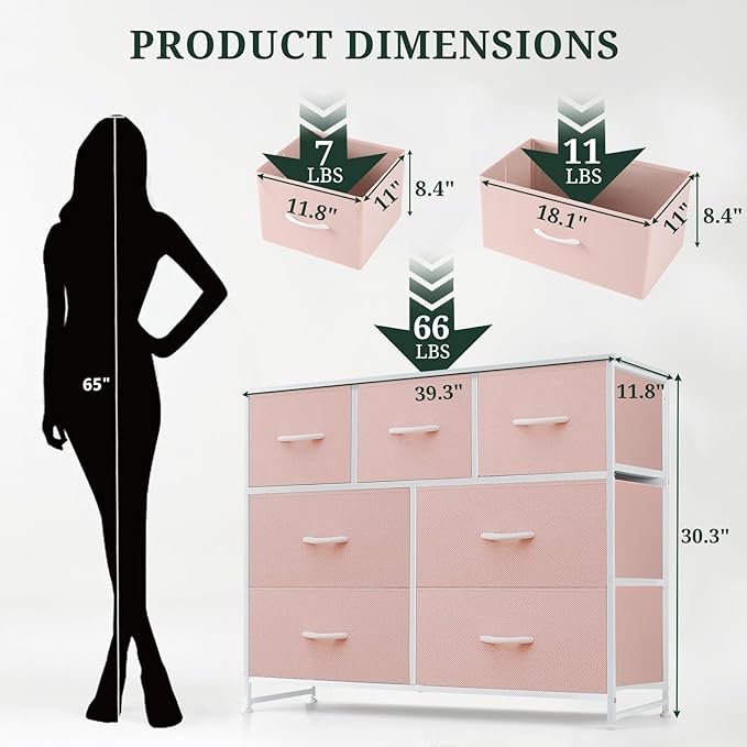 7-Drawer Dresser for Bedroom, Anti-Tip Wide Storage Organizer Fabric Chest of Drawers TV Stand for 45" TV with Wooden Top and Metal Frame for Closet, Living Room, Hallway, Entryway, Pink