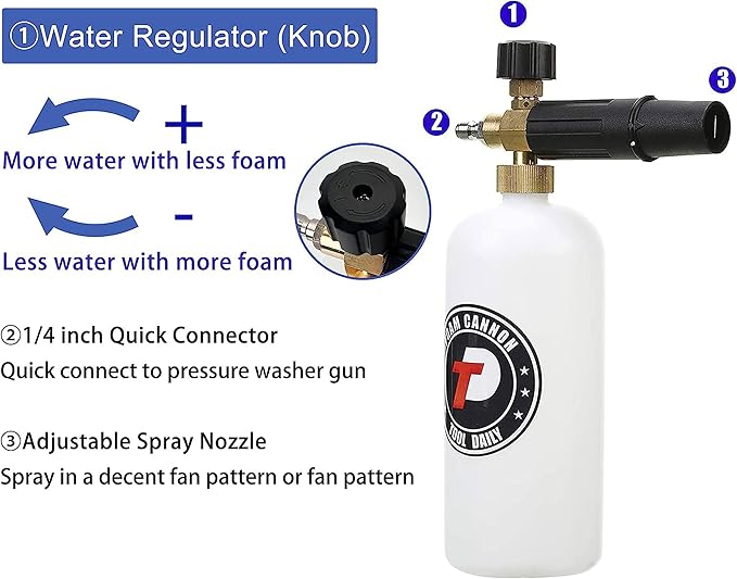 Tool Daily Short Pressure Washer Gun with Foam Cannon, Dual Connector Accessory, 1/4 Inch Quick Connect, 5 Spray Nozzle Tips, 1 Liter