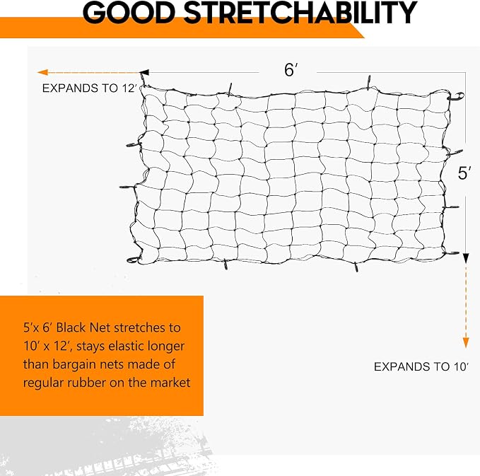 6' x 5' Heavy Duty Bungee Cargo Net Stretches to 12' x 10' -Latex Truck Bed Mesh with 12Pcs Free Adjustable Hooks for The Secure Carrying on Roof Luggage Rack,Cargo Carrier and Pickup Truck Bed