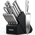 Astercook Knife Set, 15 Piece German Steel Kitchen Knife Set with Built-in Sharpener, One-Piece Knife Block Set Rust-Resistant Dishwasher Safe Block Knives Set for Cooking & Gift (Midnight Black) | Wooden Block with Built-in Sharpener, One-Piece Design...