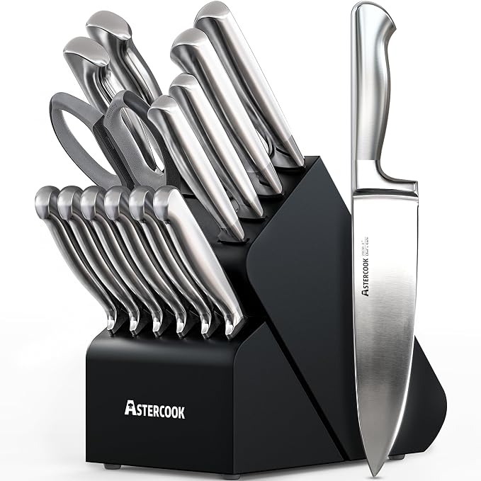 Astercook Knife Set, 15 Piece German Steel Kitchen Knife Set with Built-in Sharpener, One-Piece Knife Block Set Rust-Resistant Dishwasher Safe Block Knives Set for Cooking & Gift (Midnight Black) | Wooden Block with Built-in Sharpener, One-Piece Design...