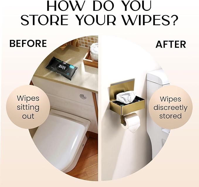 Day Moon™ - Toilet Paper Holder with Shelf - Modern Roll Holder for Bathroom - 1 Pack - Wall Mount - with Storage, Gold