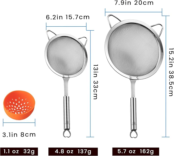 Stainless Steel Fine Mesh Strainer Set, Colander Set with 1 Large Flour Sifter (Sturdy Handle), 1 Small Mesh Sieve for Pasta & Rice, 1 Silicone Can Strainer – Durable, Dishwasher Safe, 5-Year Warranty