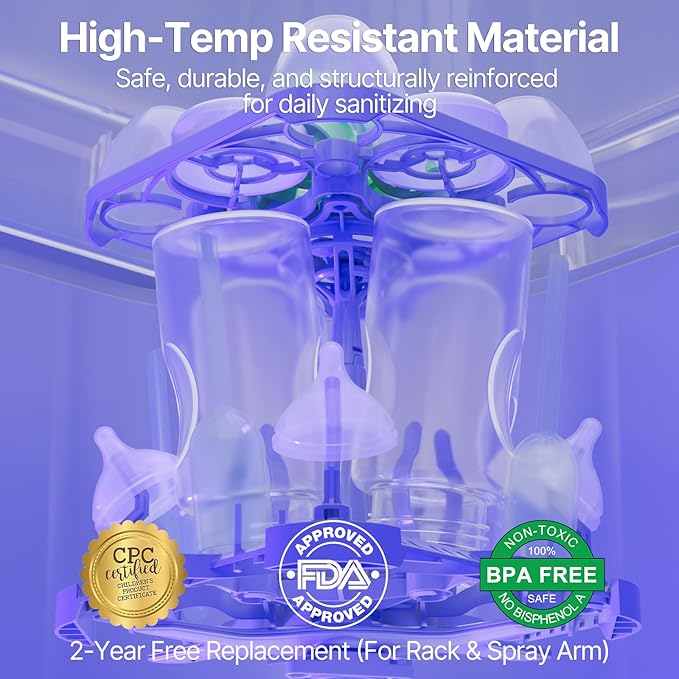 Baby Bottle Washer, Sterilizer & Dryer - All-in-One Pro Cleaning Machine with Fishbone Spray Arm, Self-Cleaning & AUTO Mode, Dual Water Inlet for Bottles, Breast Pump