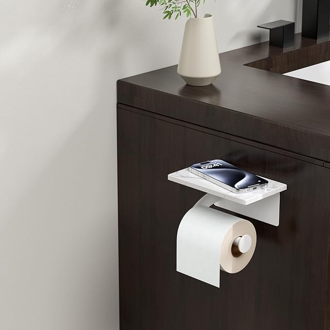 FORIOUS Toilet Paper Holder with Phone Shelf, Natural Marble Wall Mount Tissue Roll Holder for Bathroom, Washroom, 304 Stainless Steel Commercial Toilet Tissue Dispensers with Shelf, White