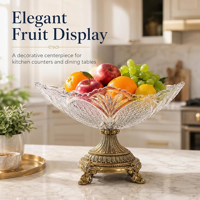 Glass Fruit Bowl，Decorative Bowl,Decorative Glass Bowl with Gold Pedestal, Kitchen Counter Fruit Bowls for Fruit Vegetable Candy and Key