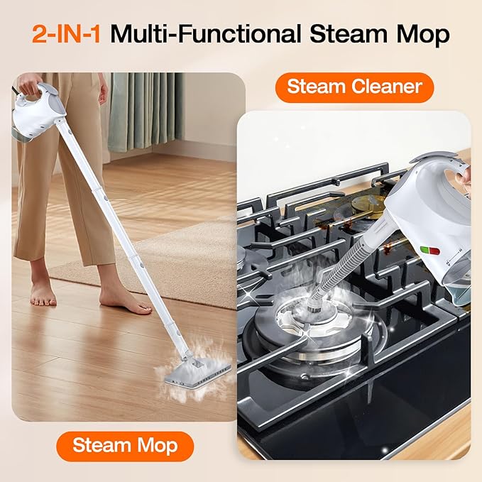 ScrubWiz Handheld Steam Cleaner, 10-in1 Steam Mop with Detachable Steamer, 320ml Water Tank, 10s Fast Heating, Portable Steamer for Cleaning Kitchen, Floor, Tiles, Window, BBQ Grill, Car, White