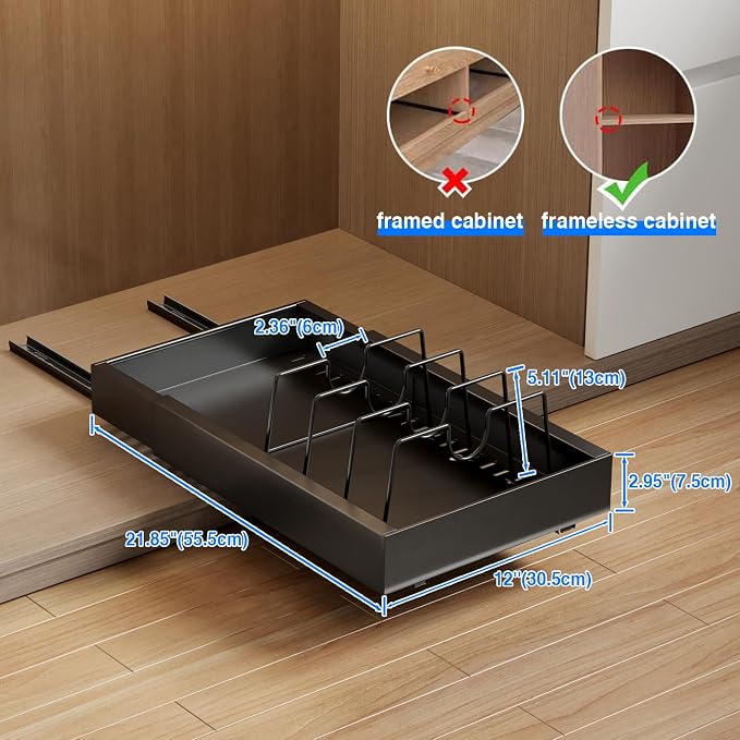 Mustorn 2 Pack Pull Out Cabinet Organizer with 8 Dividers,21.8" Deep Slide Out Drawers for Cabinets Adhesive Pull Out Drawers Heavy Duty Pull Out Shelves for Kitchen, Cupboard, Pantry, Bathroom-Black