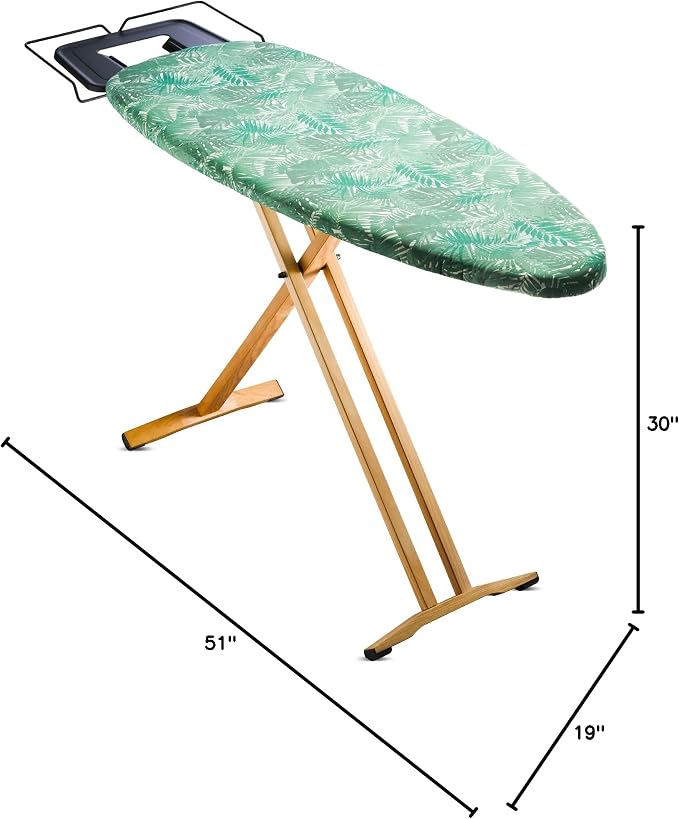 Bartnelli Pro Luxury Ironing Board Beech Wood Legs - Extra Wide 51x19” with Heavy Duty Steam Iron Rest, and Wheels for Easy Storage, Adjustable Height, T-Leg, Foldable, European Made