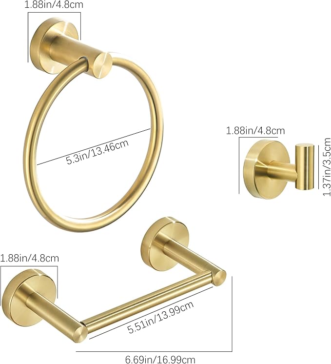 Gold Bathroom Hardware Set, Brushed Gold Toilet Paper Holder Towel Ring Robe Hooks Wall Mount Hand Towel Holder Bath Accessories Stainless Steel, 3 Pieces