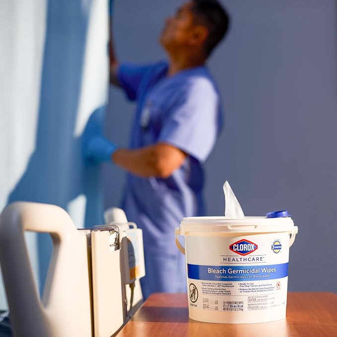 Clorox Healthcare Bleach Germicidal Wipes Bucket, 12" x 12", 110 Count Bucket (Package May Vary)