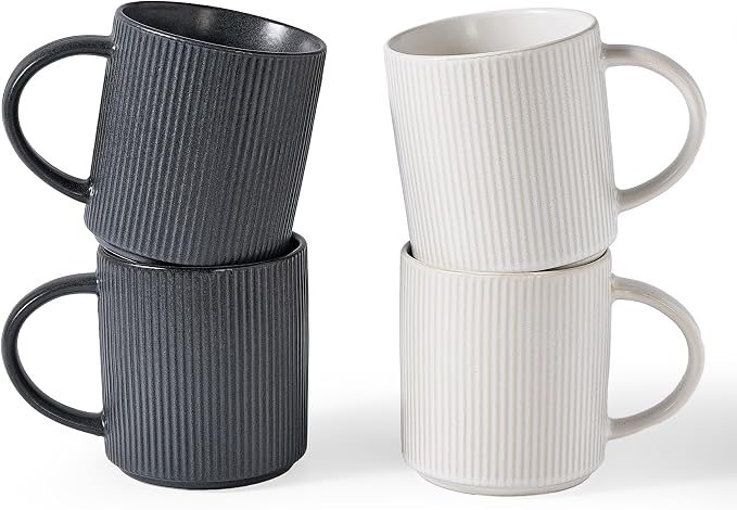 famiware Coffee Mug Set for 4, Star 16 oz Catering Mugs Cup Set with Handle for Coffee, Tea, Cocoa, Milk - Ceramic Stoneware Drinkware Set, Matte White + Matte Black