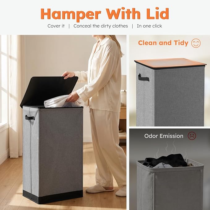 SOLEDI Laundry Hamper with Lid 100L Large & Tall Collapsible Laundry Basket, Clothes Hamper with Bag Removable Easy to Carry, Dirty Hampers for Bedroom, Bathroom, Dorm, College, Grey