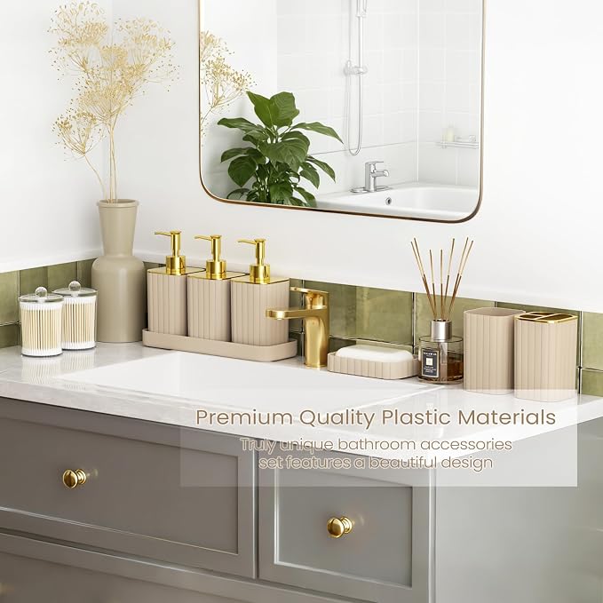 Bathroom Set - Bathroom Accessory Set, Beige Bathroom Set, 26PC Bathroom Sets with Shower Curtain and Rugs, Toilet Brush, Trash Can, Qtip Holder & Bathroom Soap Dispenser Set