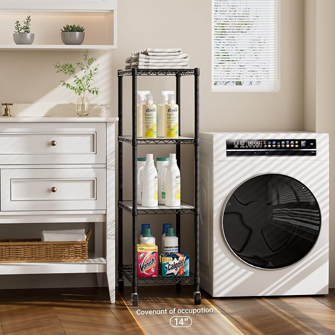 Golpart 4 Tier Shelves Storage Shelf Wire Closet Bathroom Organizers Metal Pantry Kitchen Garage Shelving Unit Laundry Room Organization Home Rack Net Basket Black with Wheels 14”D X 24”W X 48.9”H