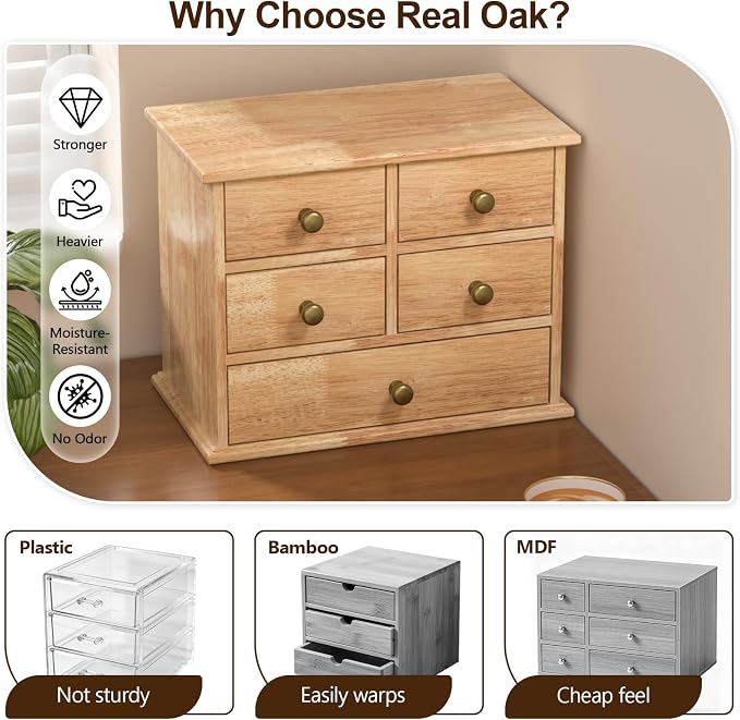 Oak Desk Organizer with Drawers, Wooden Desktop Storage Box with Metal Handles & Non-Slip Silicone Pads, 5 Drawer Tabletop Organizer for Office, Bedroom, Bathroom, Vanity, Makeup – Light Burnt Brown