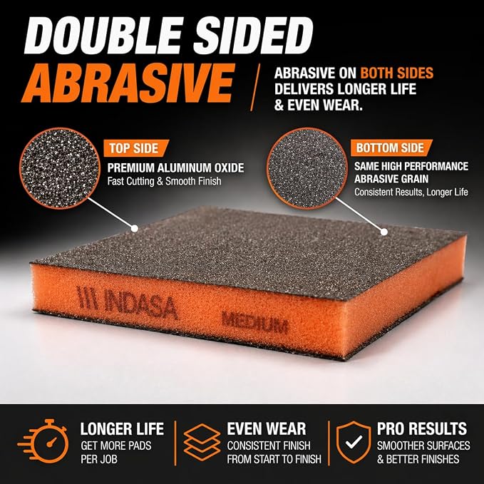 Indasa Rhyno Double Sided Sanding Sponge Pads – Aluminum Oxide, 4.75" x 3.75" x 1/2" – Flexible Foam Sanding Block (100 Pack) (Orange – Medium (120–220 Grit))