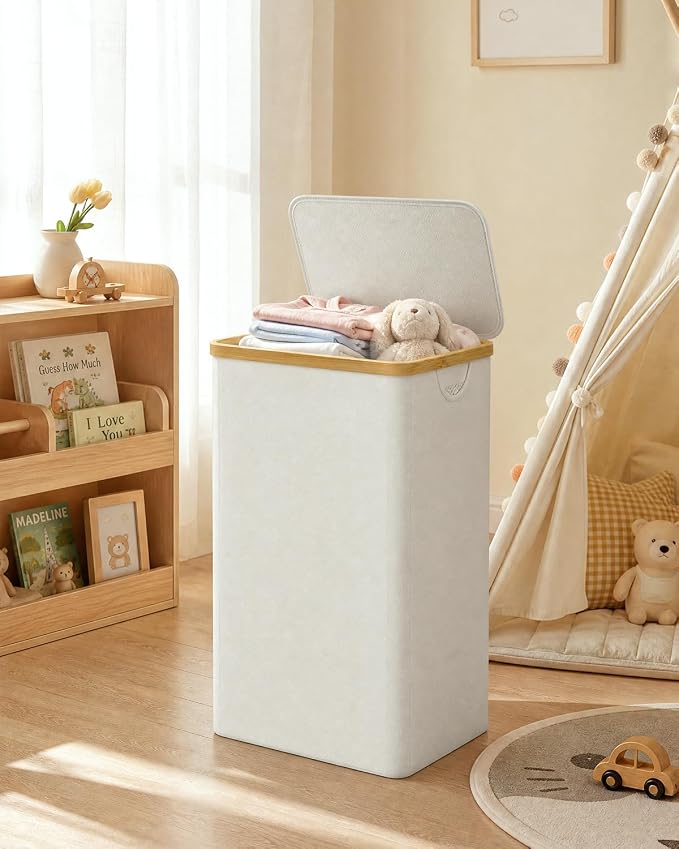 iEGrow Laundry Basket with Lid, 110L Large Laundry Hamper with Handle and Lid, Collapsible Clothes Basket Organizer with Removable Inner Bag for Clothes Toys Towels - Beige
