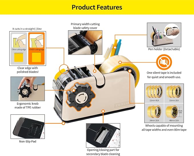 [TENDO°] TENDO Multi-Section Tape Dispenser, Custom Width Tape Cutter with 4 Cutting Sections, Built-in Safety Blade, Ergonomic Grip for Packing and Office Use, ZO-508(Beige)