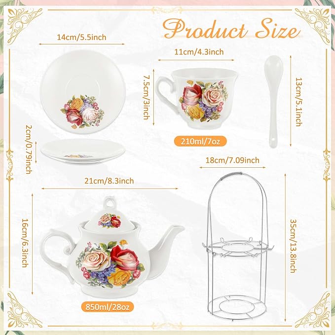 Zhehao 20 Pcs Porcelain Tea Set with Metal Holder and Spoon Adult Ceramic Tea Set European Flower Painting Teapot Cup Saucer Spoon for Women Mom Gift, Large Version (Floral Style)