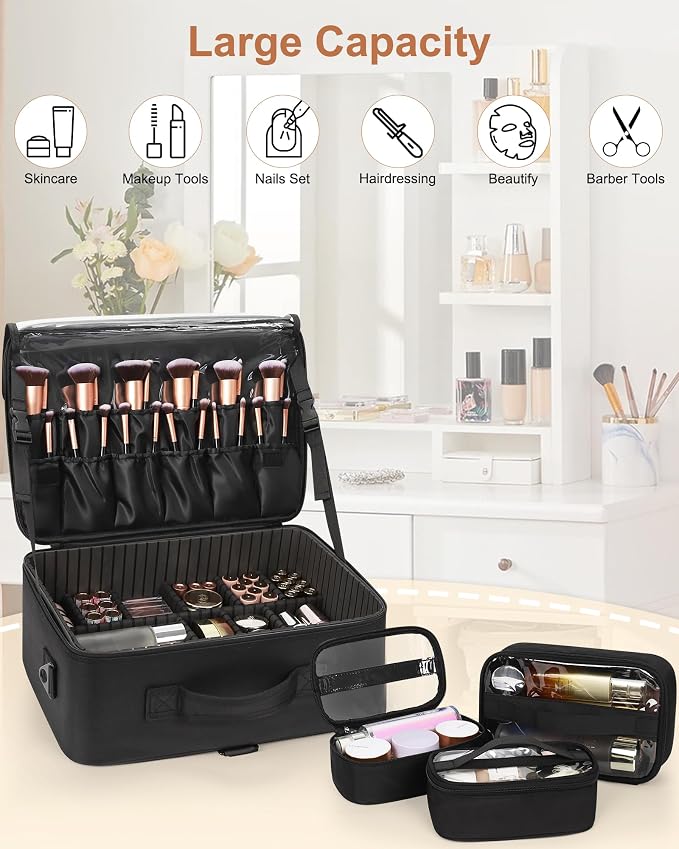 Relavel Large Makeup Case Professional Cosmetic Storage Organizer Box Brush Holder with 3 Clear Set Bags and Adjustable Dividers for Makeup Artists with Shoulder Strap