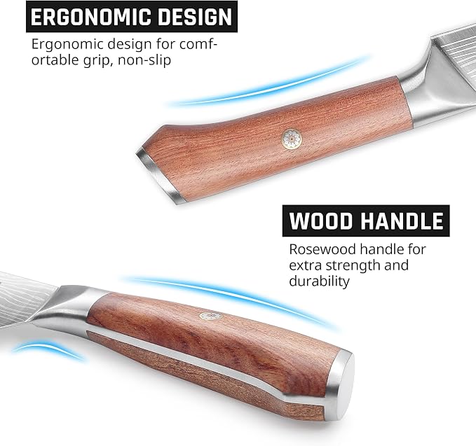 YOTSUBA 8PCS Japanese Style Natural Rosewood Knife Set with Block | High Carbon Stainless Steel, Ultra Sharp, Full Tang Construction, Poke-Proof Construction, Ergonomic Kitchen Knives