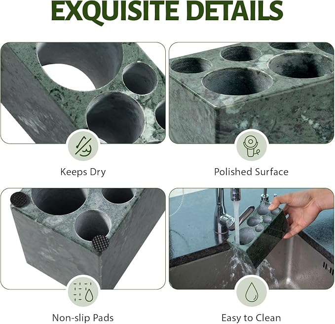 BCS Toothbrush Holder for Bathrooms, 6 Slots Open-Bottom Marble Toothbrush Organizer, Makeup Brush Stand Toothbrush Storage Collection for Bathroom Countertop Vanity Organization - Indian Green