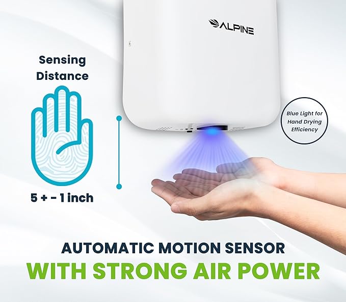 Alpine Industries Commercial Automatic Hand Dryer - High Speed Air Hand Dryer for Home, Restaurant, Bathroom, and High Traffic Areas. 1800 Watts / 110-120 Volts (White)