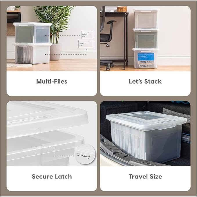 IRIS USA File Box, Plastic File Organizer with Lids for Letter/Legal File, Portable Document Box For Moving, Storage Bin with Durable and Secure Lid, Stackable Nestable BPA-Free, Clear 35 Qt. 8 Pack