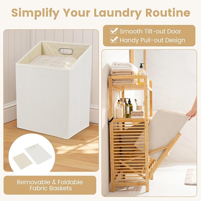 Giantex Double Tilt Out Laundry Hamper w/2-Tier Storage Shelf | 14 Gal Bamboo Laundry Storage Cabinet w/Removable Laundry Baskets, Laundry Sorter Organizer for Bathroom Living Room Bedroom