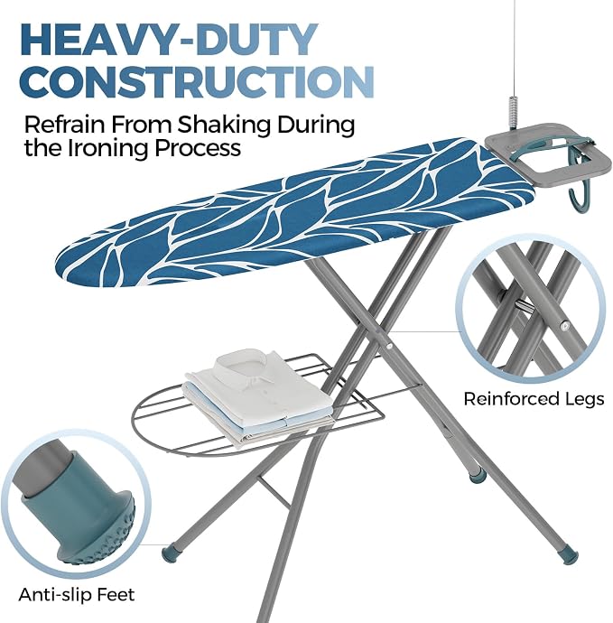 APEXCHASER Ironing Board Standard Size, Iron Board and Ironing Board Set Height Adjustable, Foldable Ironing Boards Standard Size, Iron Table Stand with Iron Rest and Garment Rack, 13" x 43" Blue