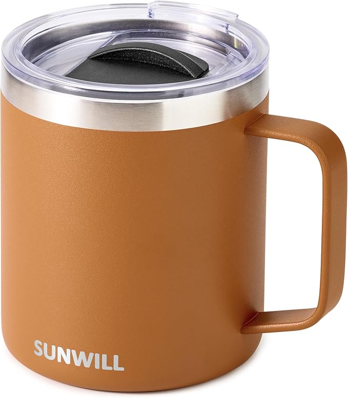 SUNWILL Insulated Coffee Mug, Stainless Steel 14 oz, Splash-Proof Lid | Keeps Drinks Hot & Cold, Powder Coated Caramel Finish, Dishwasher Safe, Ideal for Home & Office