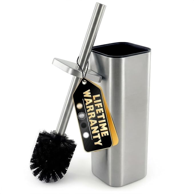 Toilet Brush with Square Holder - Toilet Brush and Holder Set Silver, Stainless Steel Handle with Splash Shield, Replaceable Head and Removable Inner Cup - Freestanding Bathroom Toilet Cleaning Set